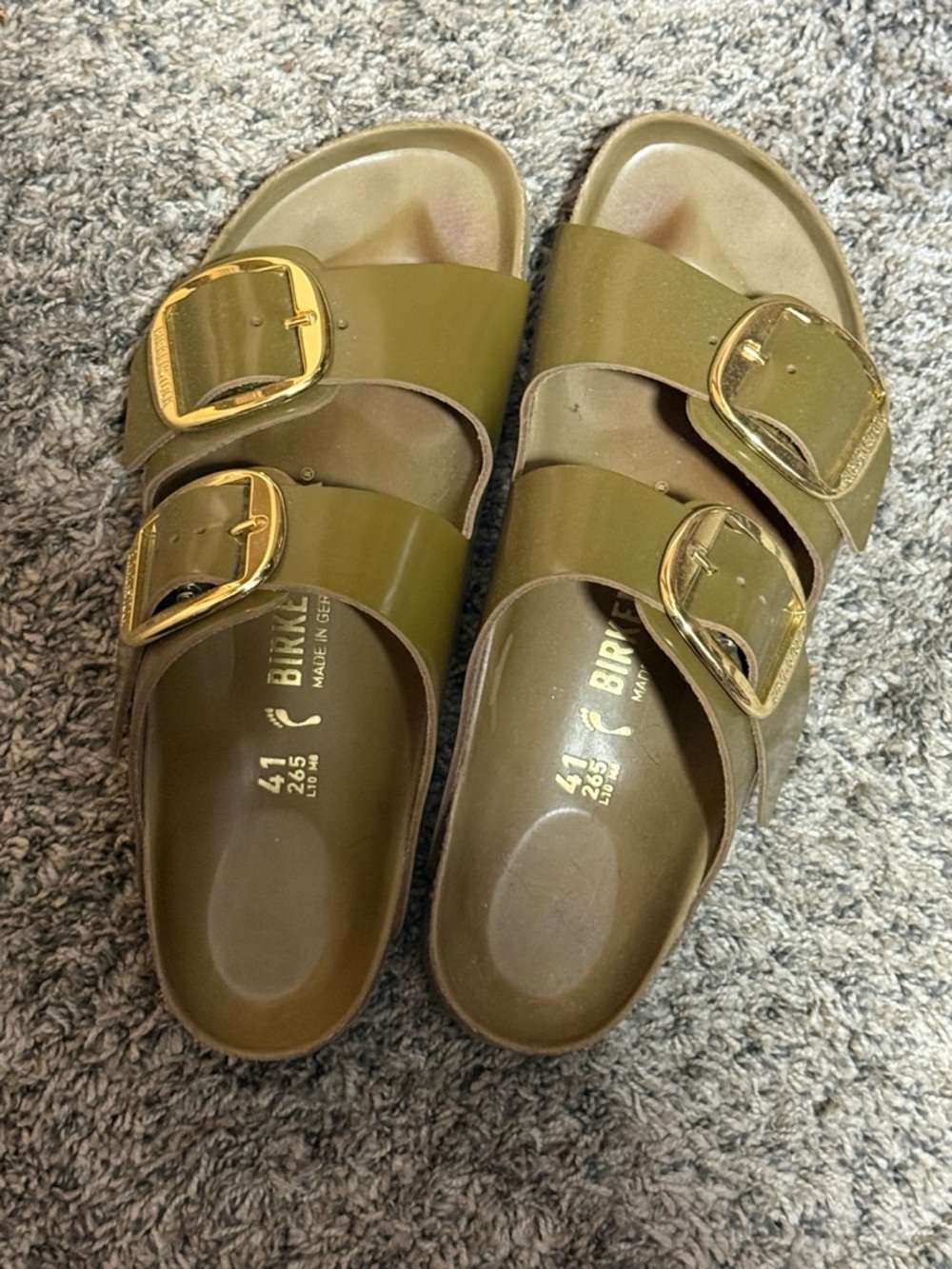 Birkenstock Arizona Big Buckle Sandals in Olive Green with Gold Buckles